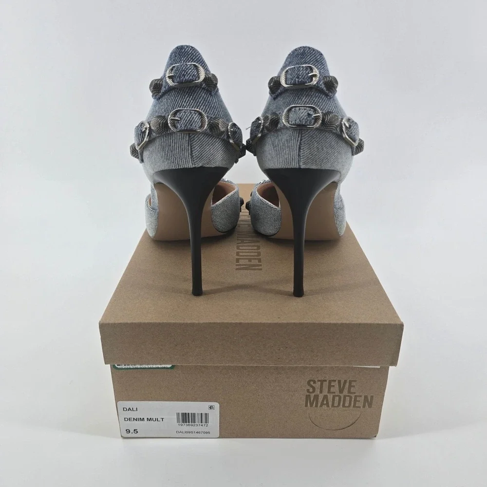 Steve Madden Size 9.5 Dalidal Denim Studded Buckle Pointed Toe Heels, New in Box - Picture 4 of 8